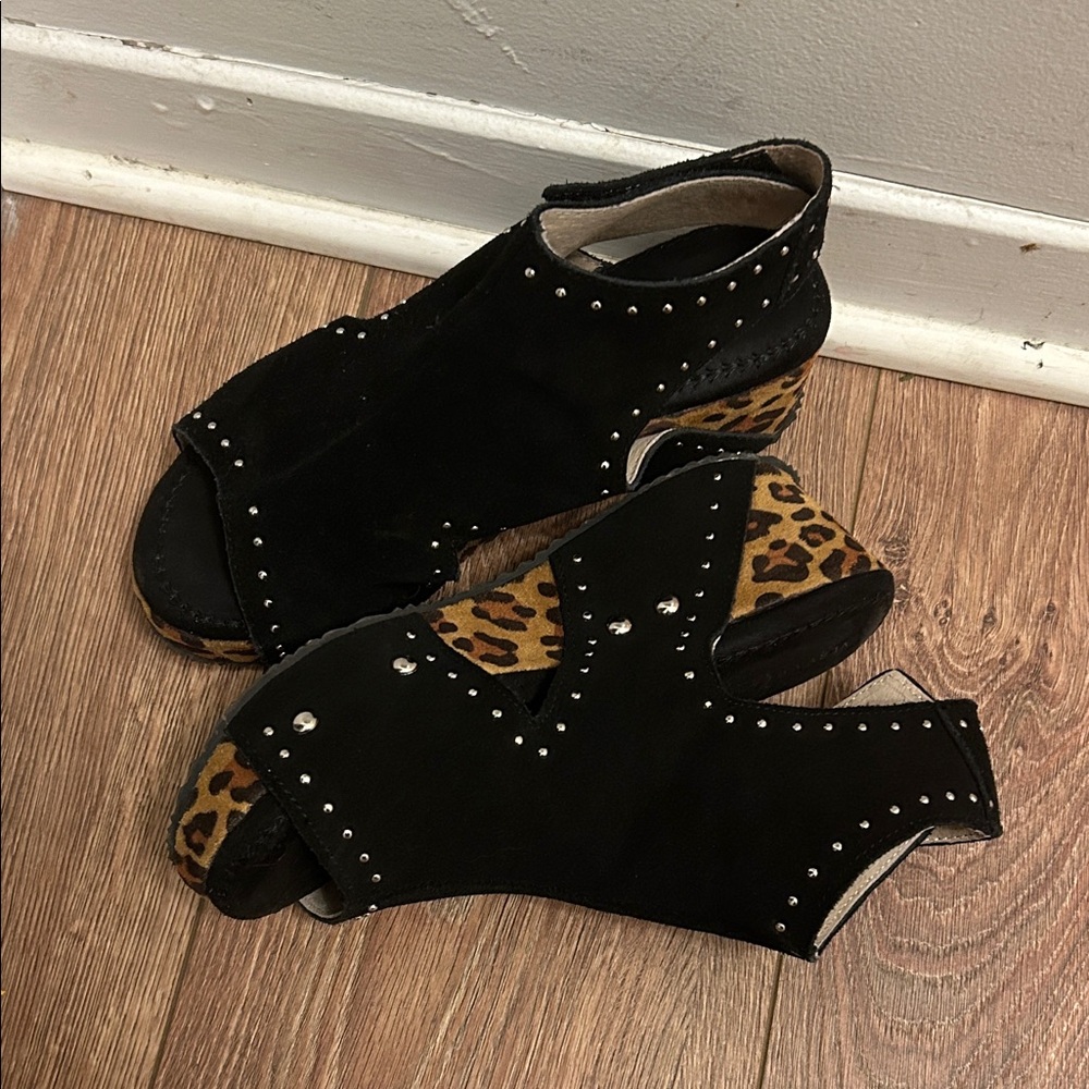 Very Volatile Black Studded Sandals with Leopard Print